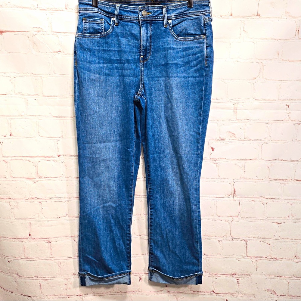 NYDJ Lift Tuck Blue Medium Wash Marilyn Straight Stretch Denim Jeans  Size 10